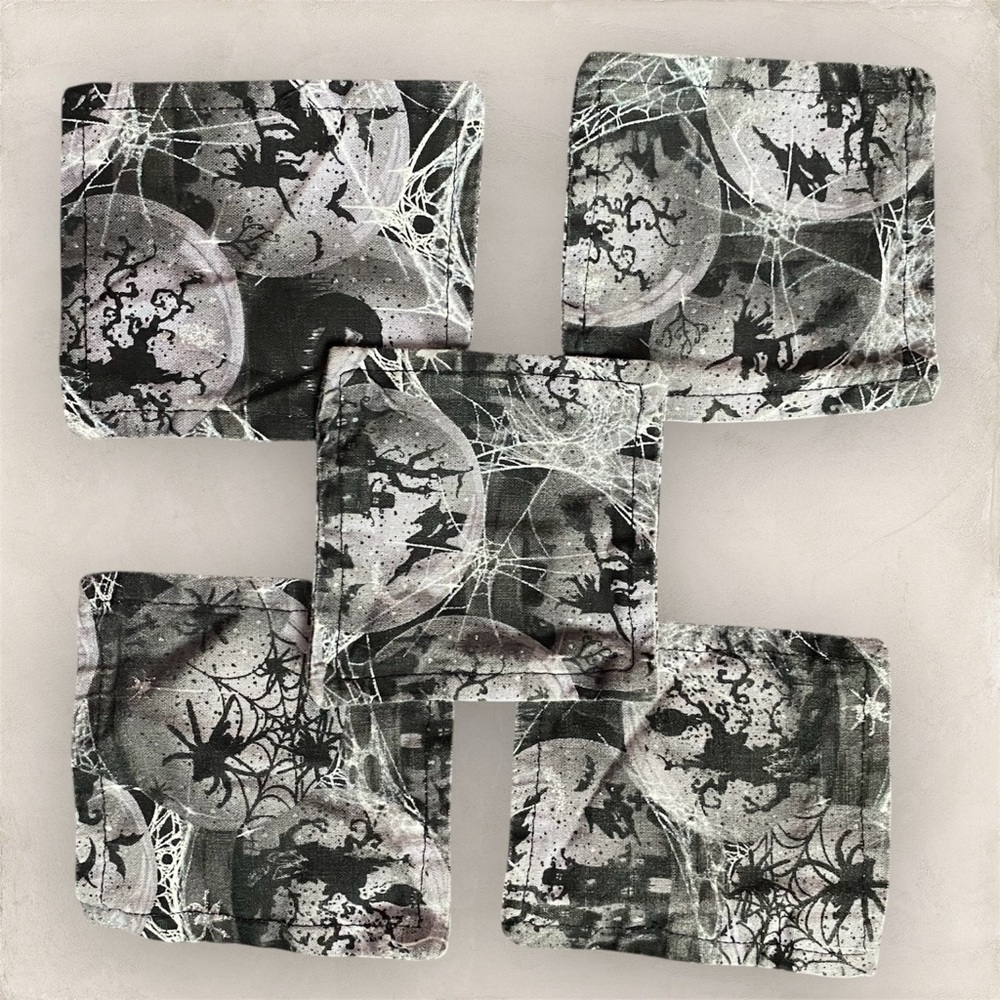 Handmade Black & Grey Spooky Halloween Square Fabric Coasters Set of 5 - Picture 4 of 9